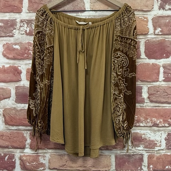 Soft Surroundings Top Women's XL Brown Boho Floral Velvet Burnout Sleeve Shirt - Picture 6 of 8